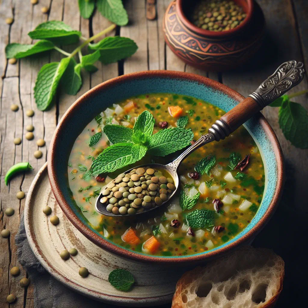 Bowl of minty lentil soup garnished with fresh mint