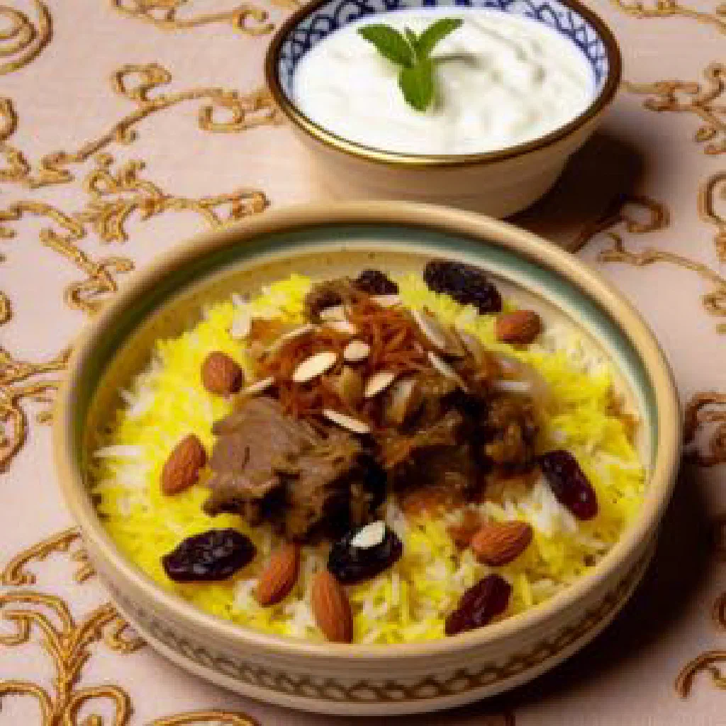 Moammar rice with tender meat, topped with toasted almonds and raisins
