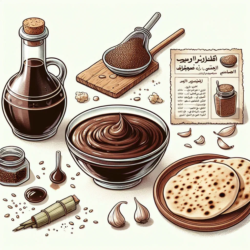 Bowl of molasses tahini dip drizzled with date syrup and sesame seeds