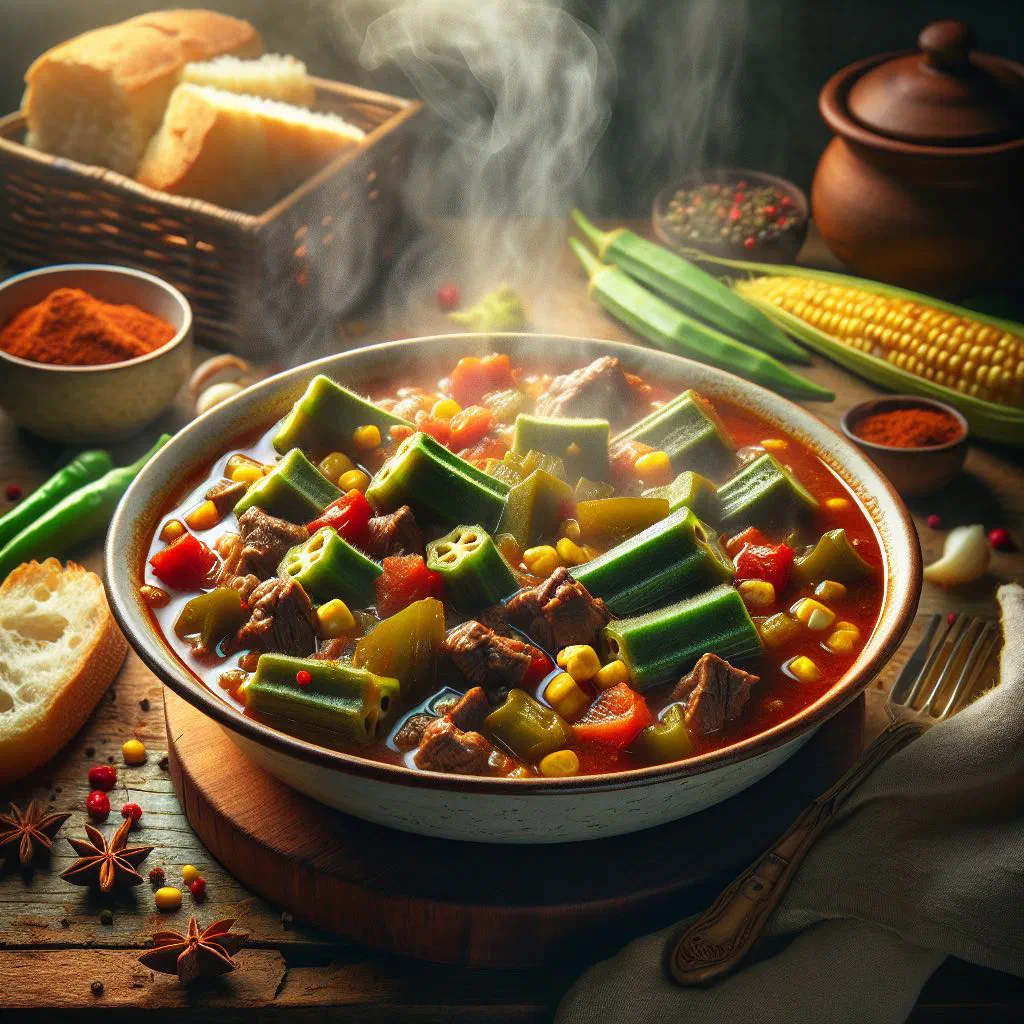 Egyptian okra stew with tomatoes garnished with fresh coriander