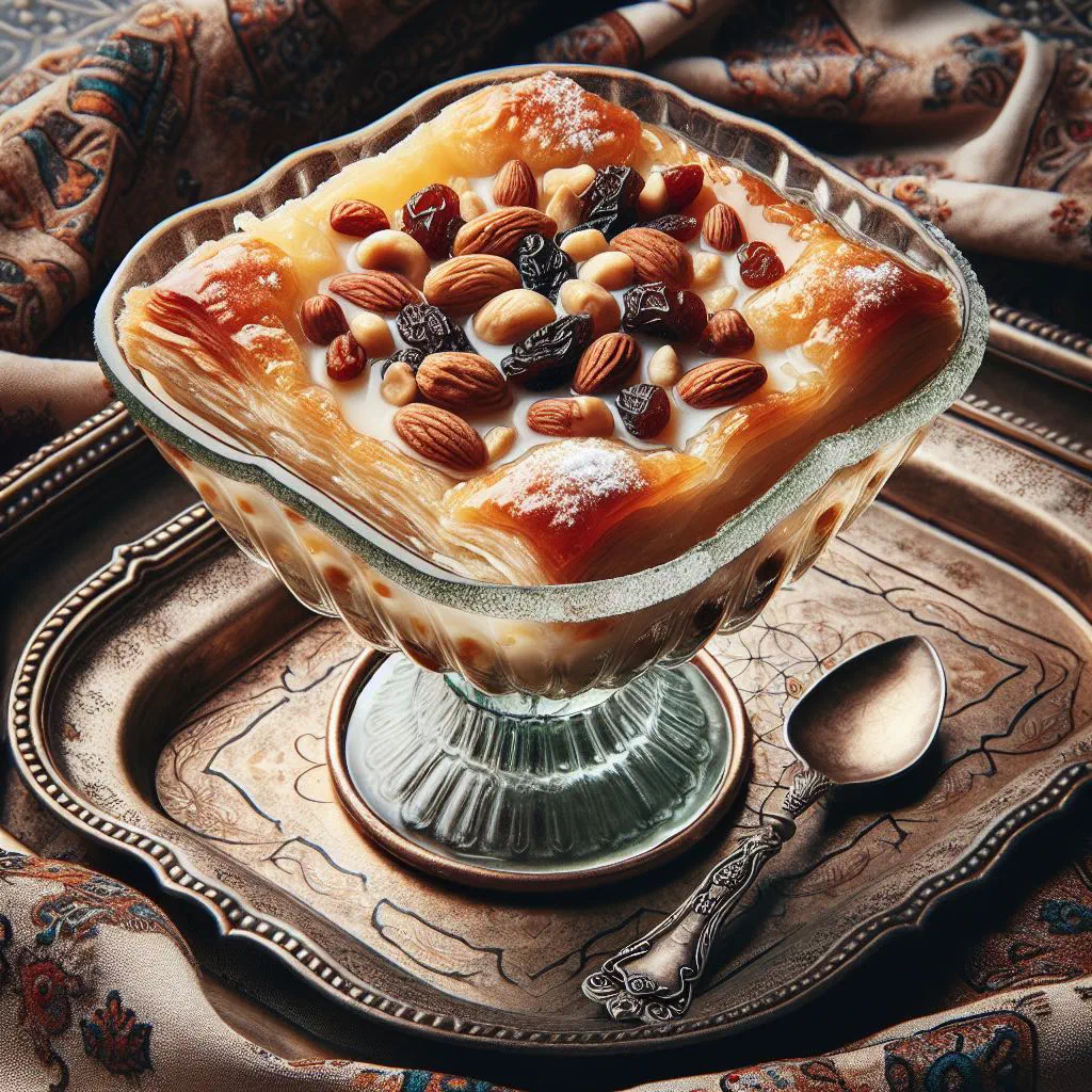 Creamy Om Ali bread pudding topped with almonds and raisins