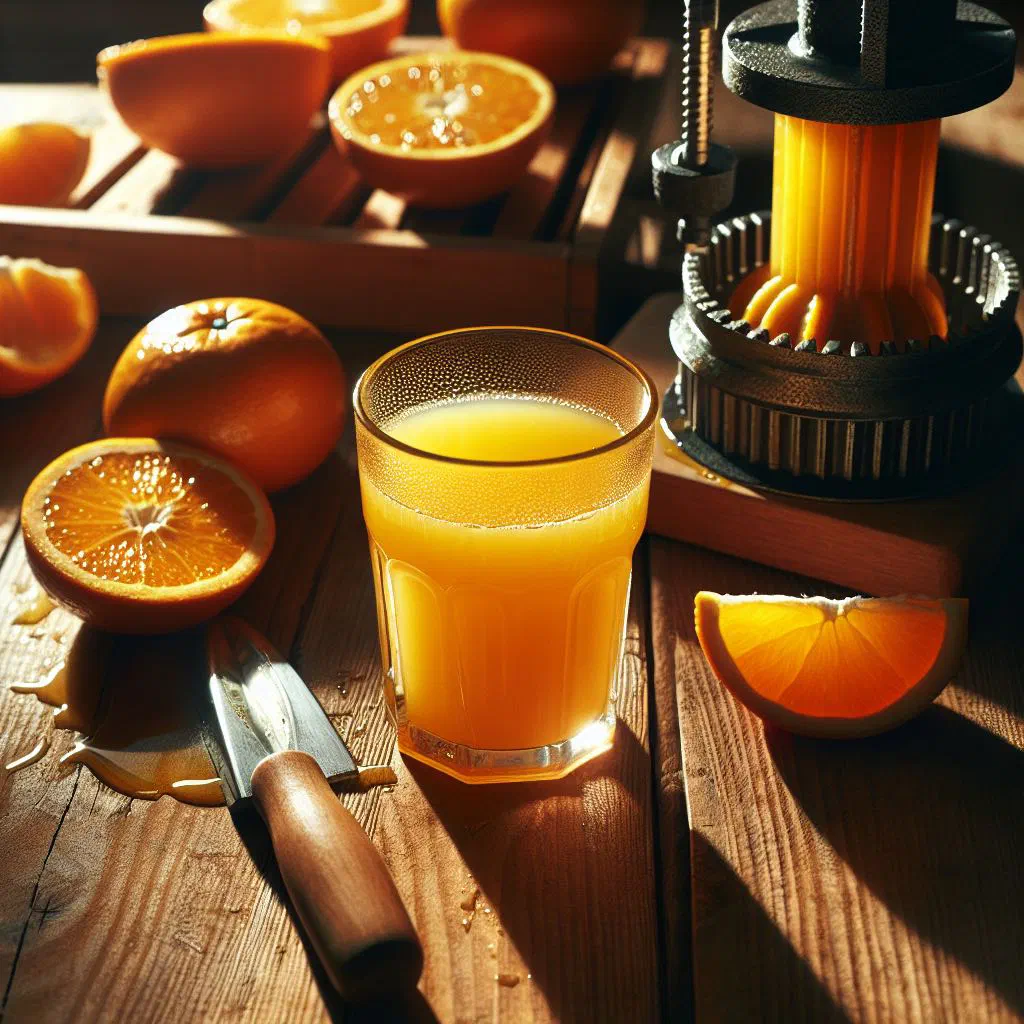 Glass of freshly pressed Egyptian orange juice garnished with mint