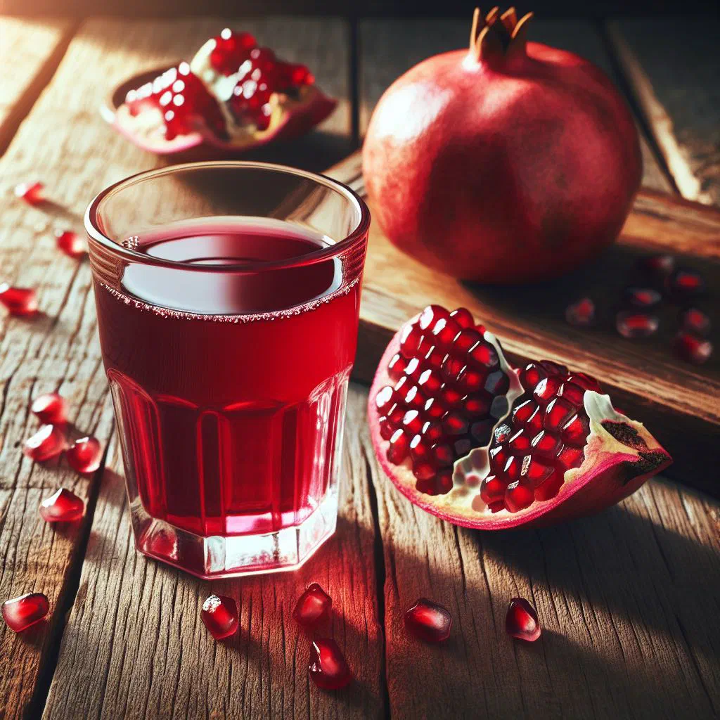 A glass of ruby-red pomegranate juice garnished with fresh seeds