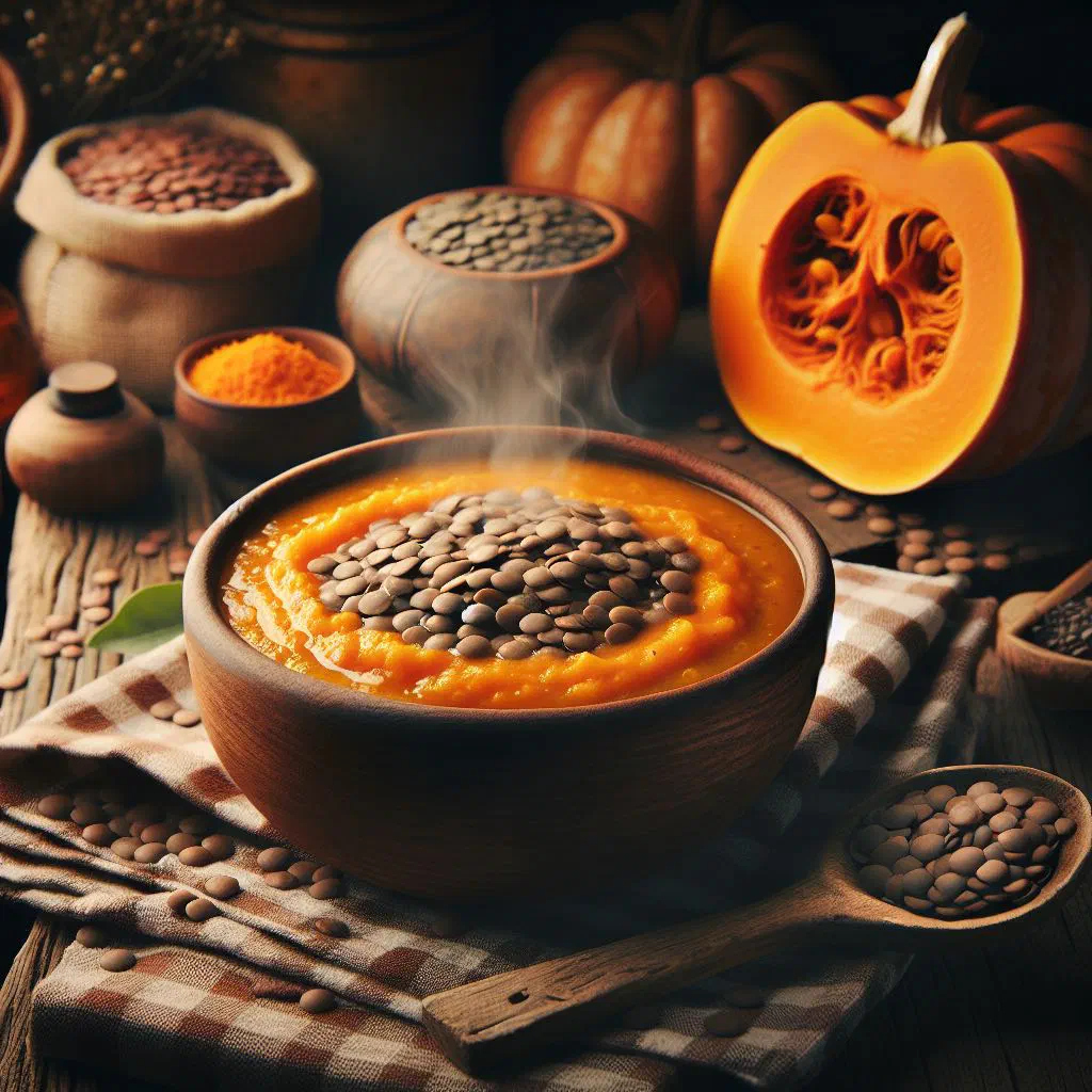 Bowl of creamy Egyptian pumpkin lentil soup garnished with parsley