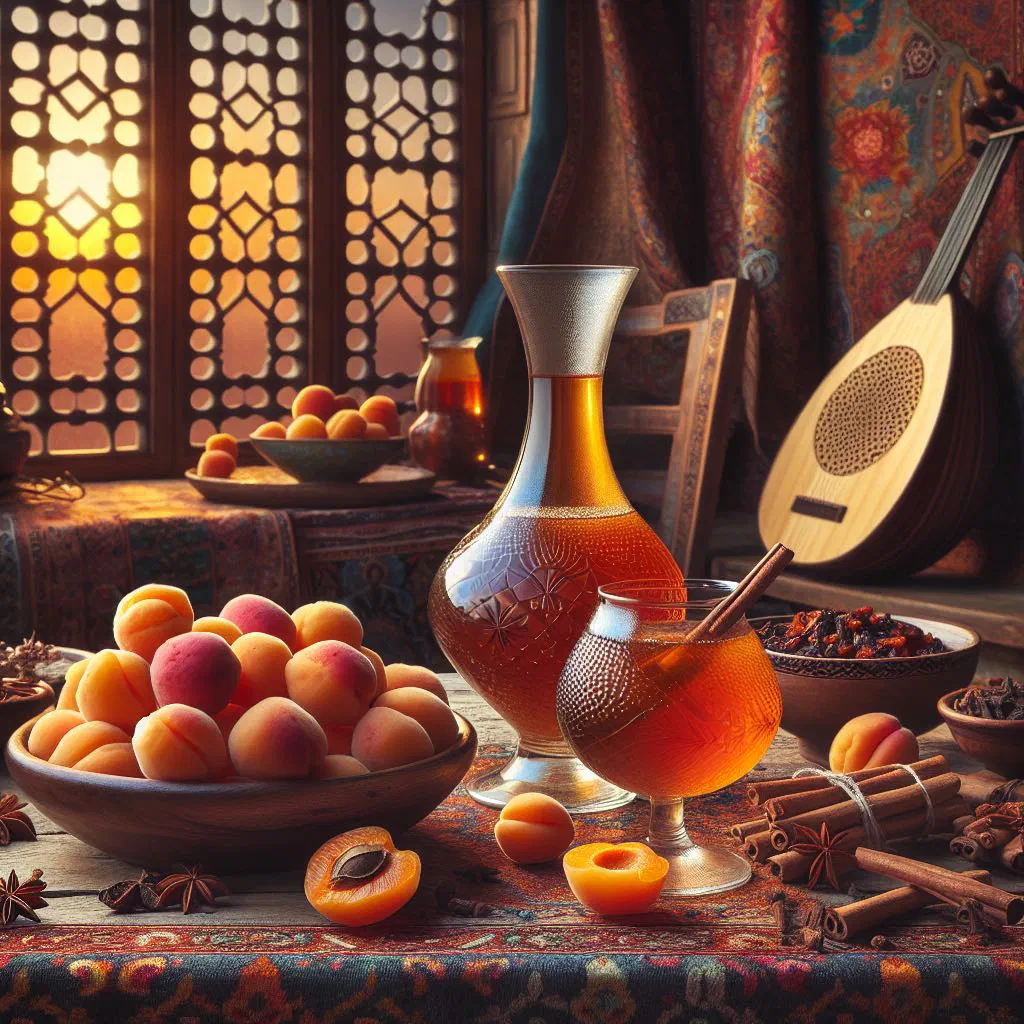 A tall glass of golden Qamar Al-Din apricot drink garnished with mint