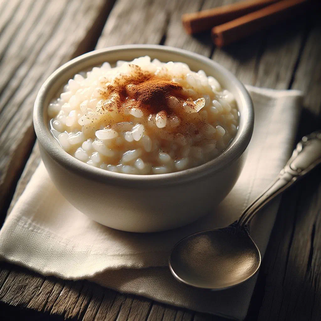 Bowl of creamy Egyptian rice pudding dusted with cinnamon and topped with fresh fruit