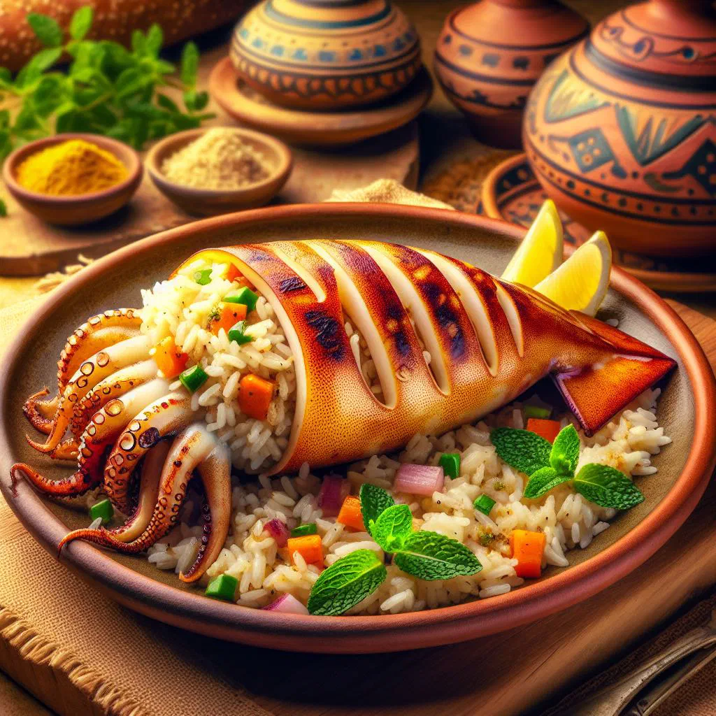 Rice-stuffed squid garnished with fresh parsley and lemon