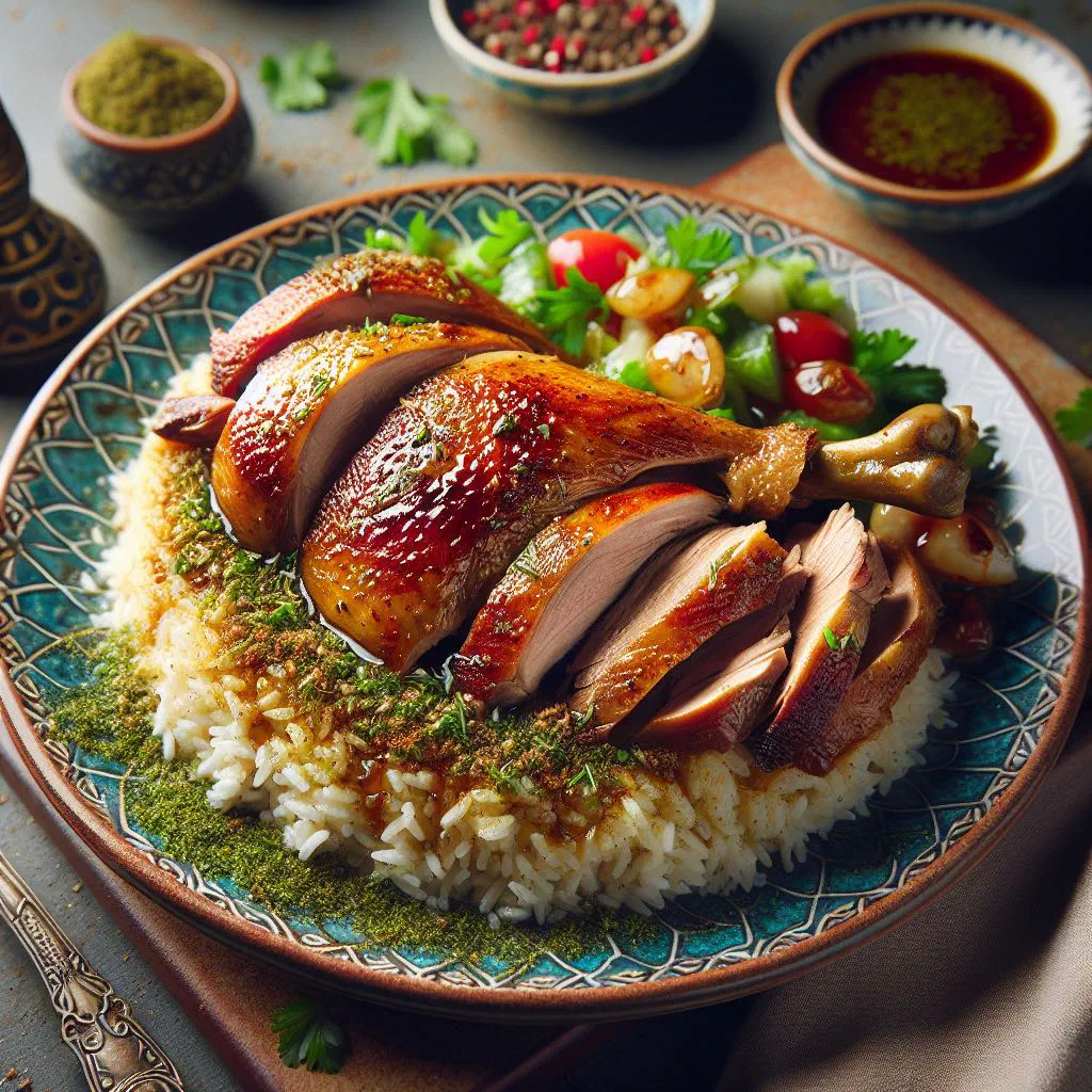 Sliced roasted duck breast served over fluffy spiced rice