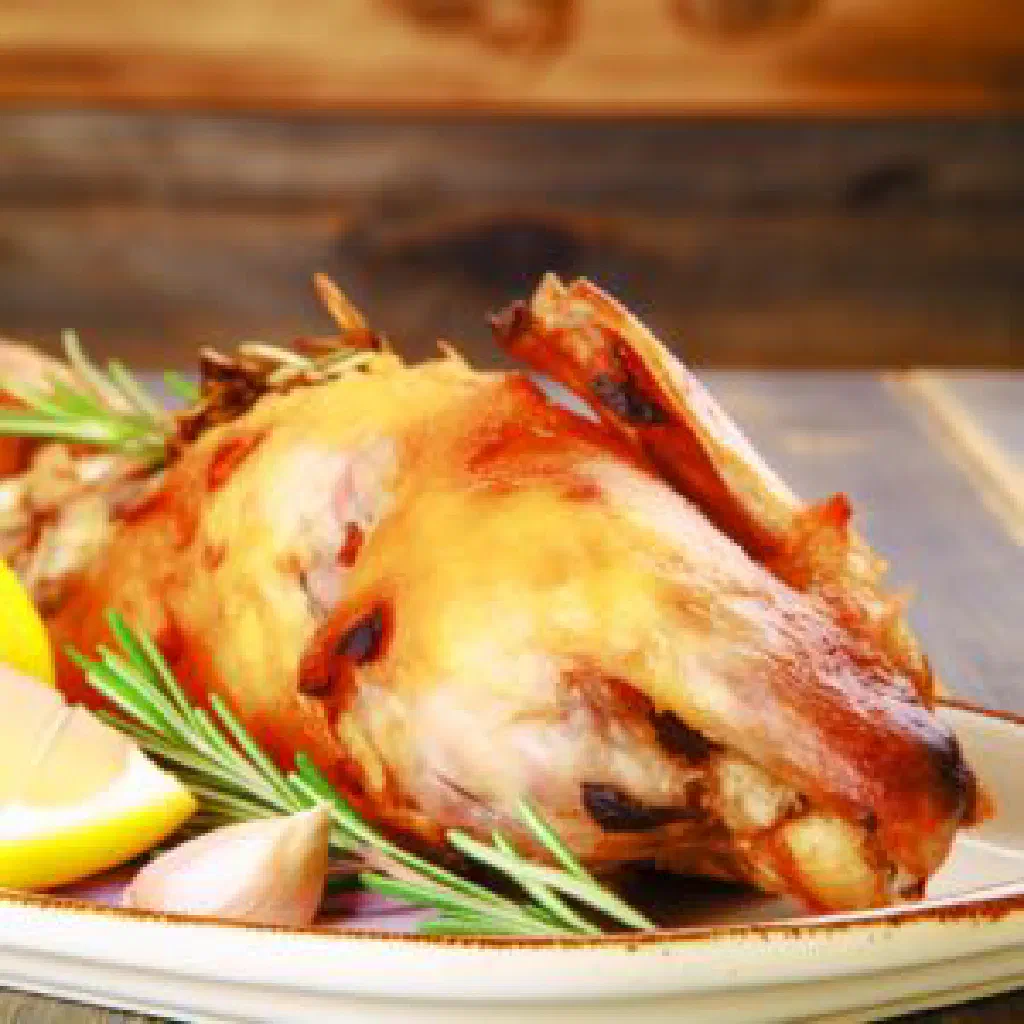 Roasted rabbit pieces garnished with fresh herbs and lemon