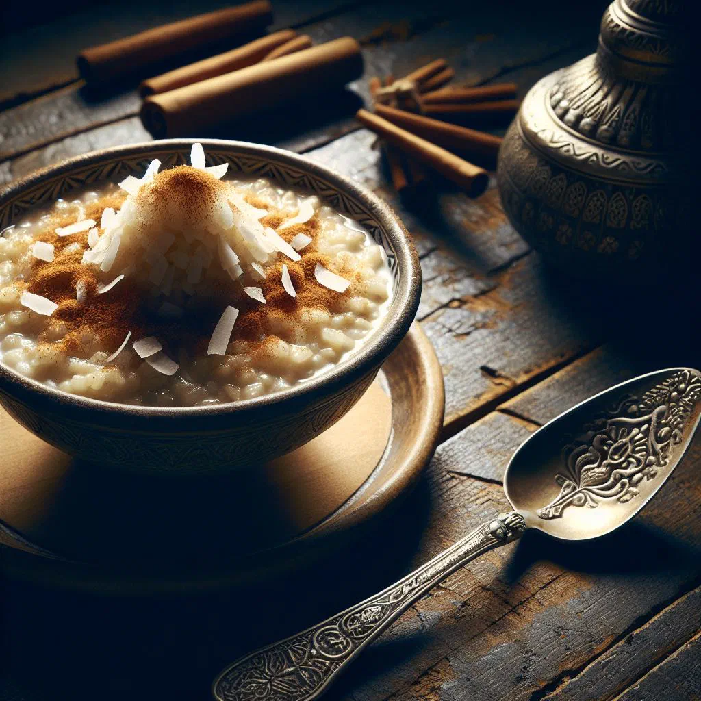 Creamy Egyptian rice pudding topped with cinnamon and chopped pistachios