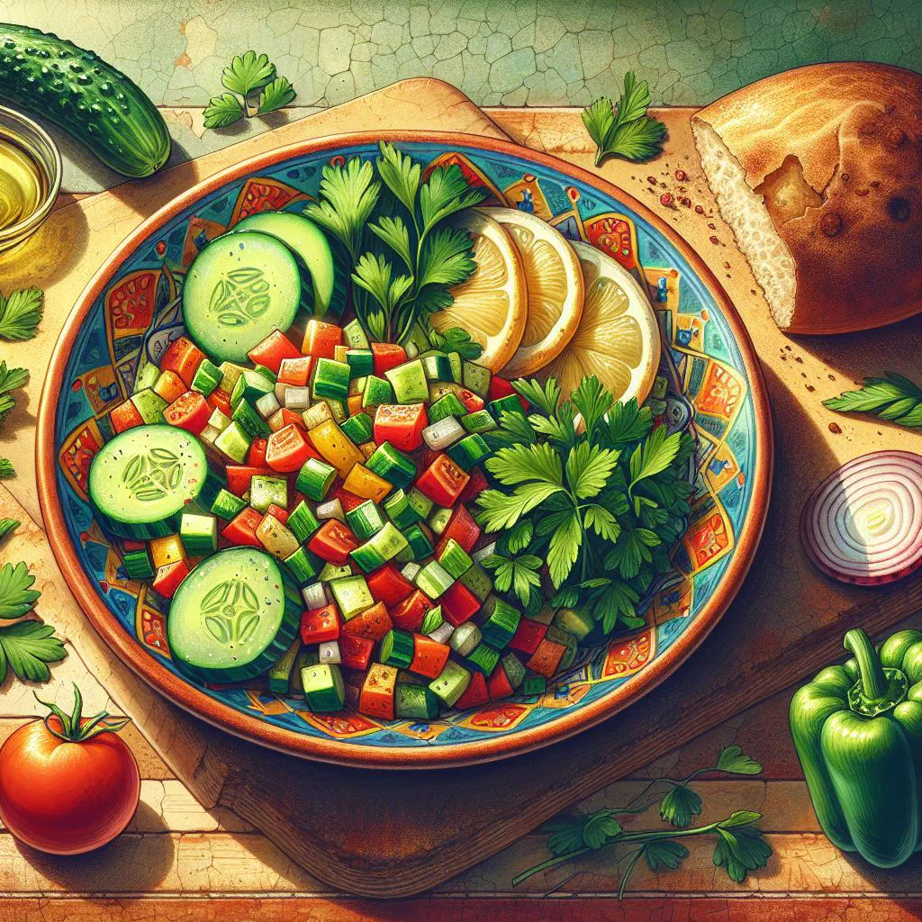 Fresh Egyptian salatet baladi with diced tomatoes, cucumber and herbs