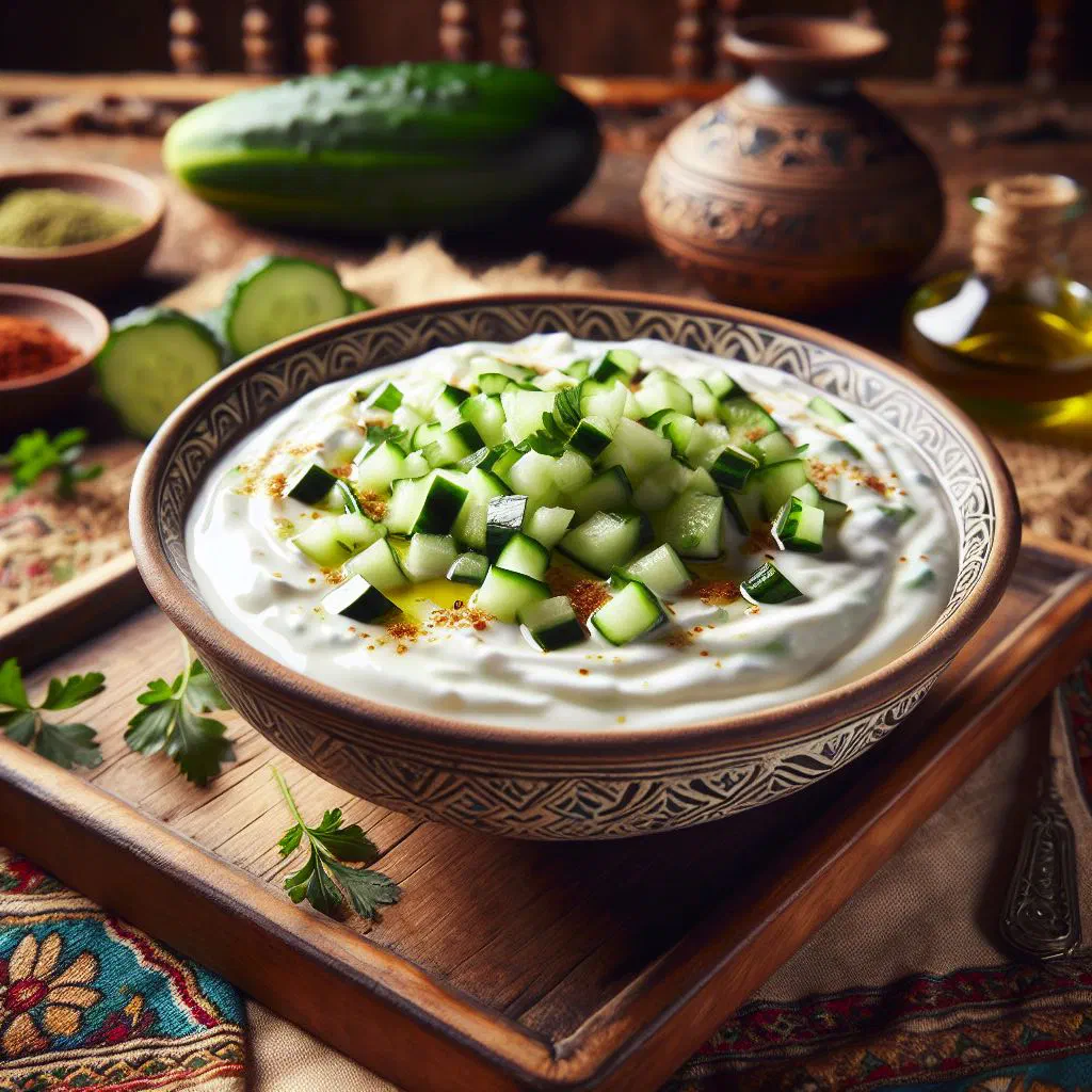 Bowl of creamy Egyptian yoghurt and cucumber dip garnished with fresh herbs