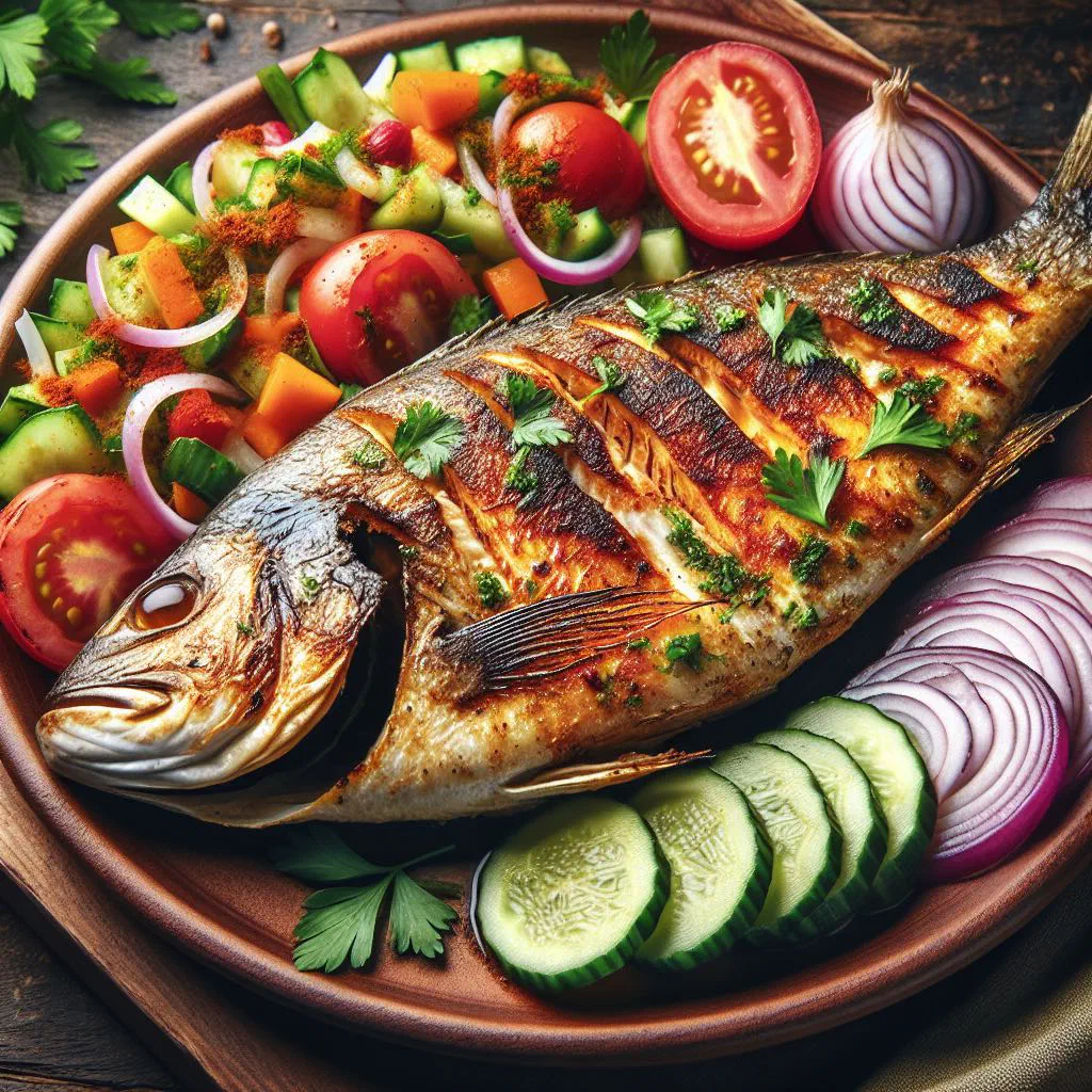 Grilled whole fish garnished with fresh herbs and lemon