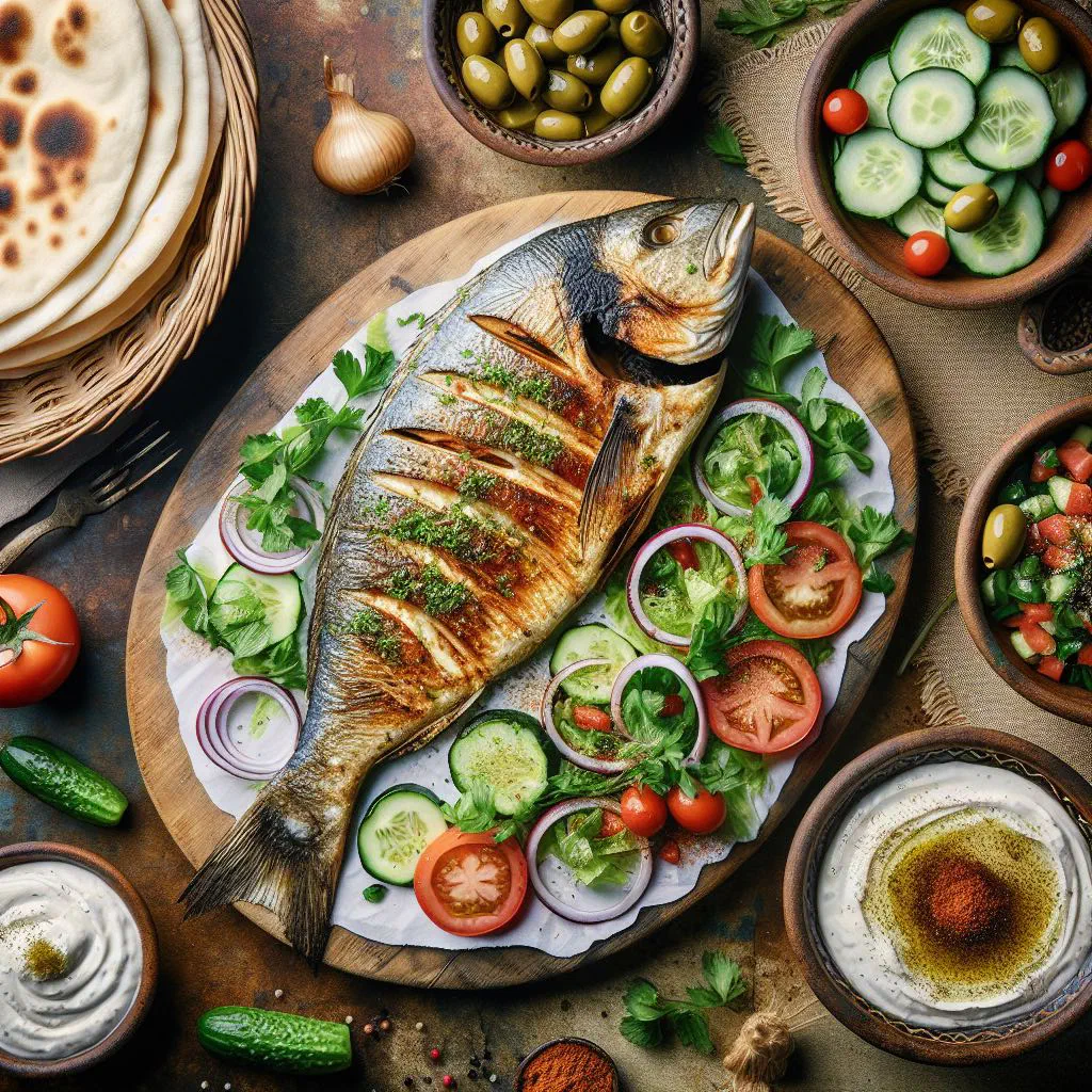 Grilled whole fish garnished with fresh herbs and lemon slices