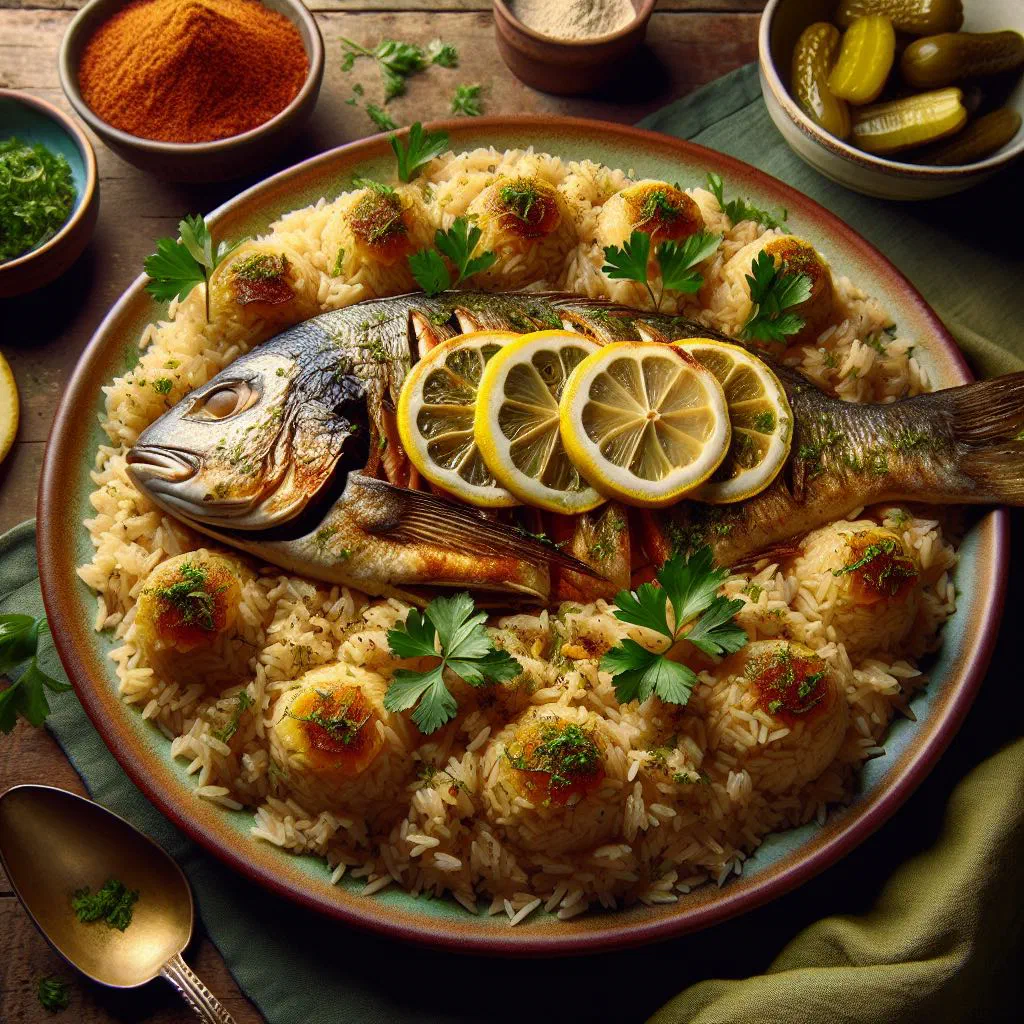 Plate of Sayadeya with golden fish fillets over spiced rice
