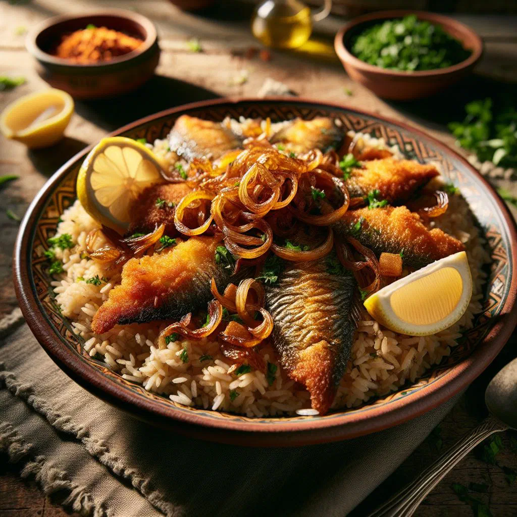 Spiced rice topped with tender fish and fresh parsley