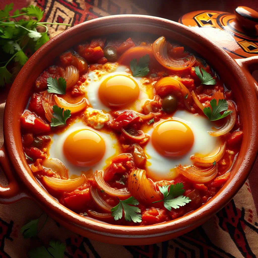 Shakshouka with poached eggs nestled in a spiced tomato and pepper sauce