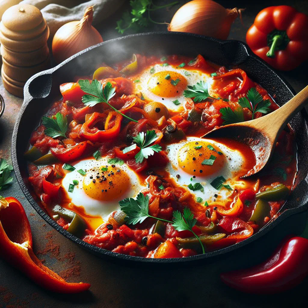 Shakshuka with eggs poached in a spiced tomato and pepper sauce