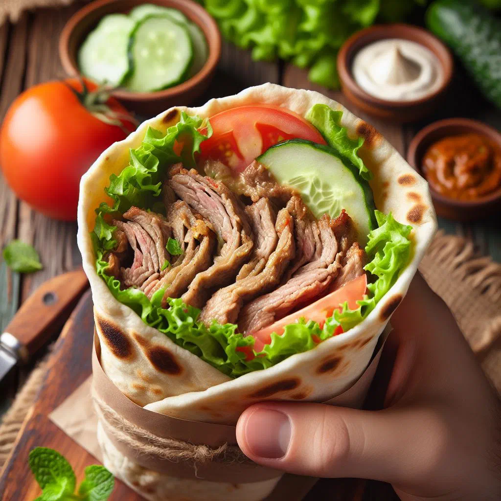 Egyptian shawarma wrapped in warm flatbread with fresh vegetables