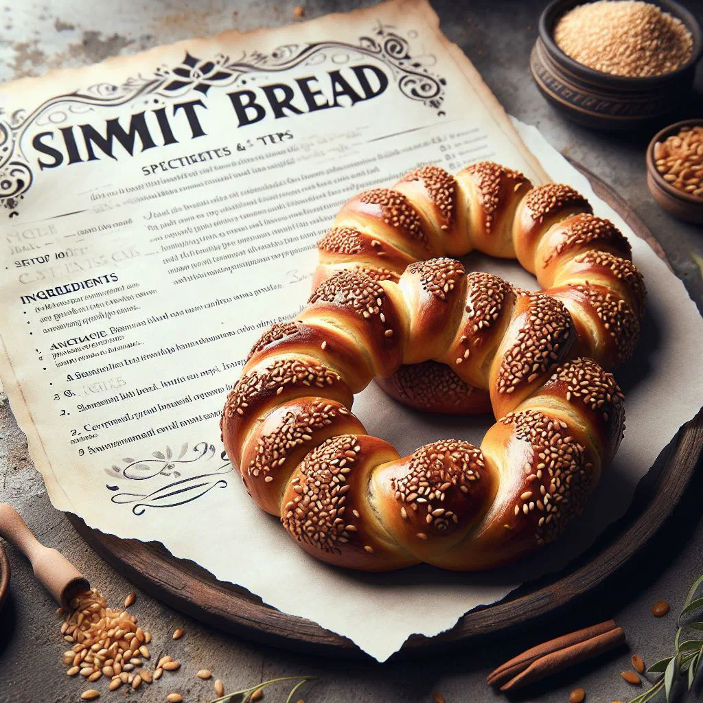 Sesame-crusted simit bread rings on a rustic wooden board