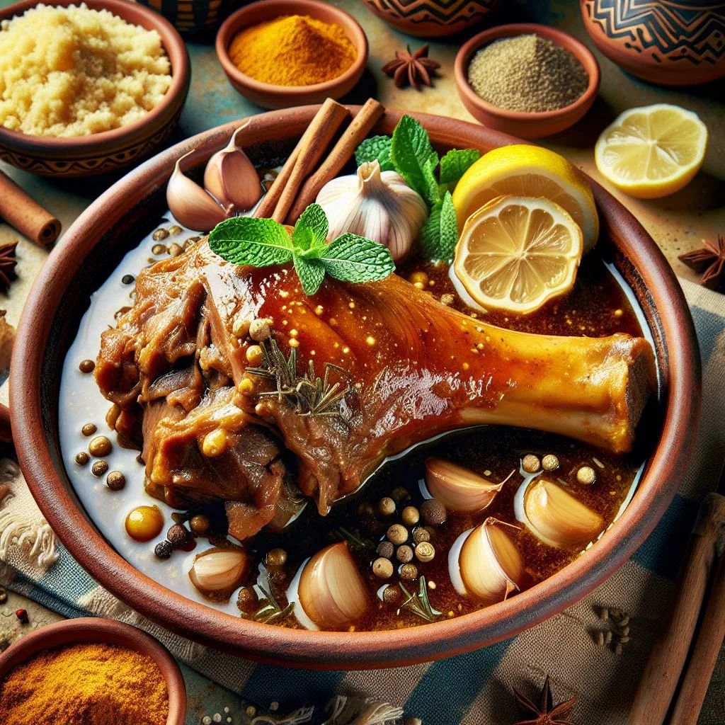 Slow-cooked Egyptian lamb shank in a rich sauce, garnished with fresh herbs