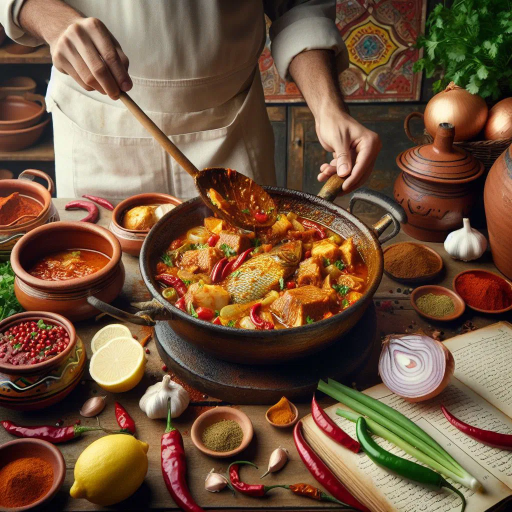 Spicy fish curry in a creamy coconut sauce garnished with fresh coriander