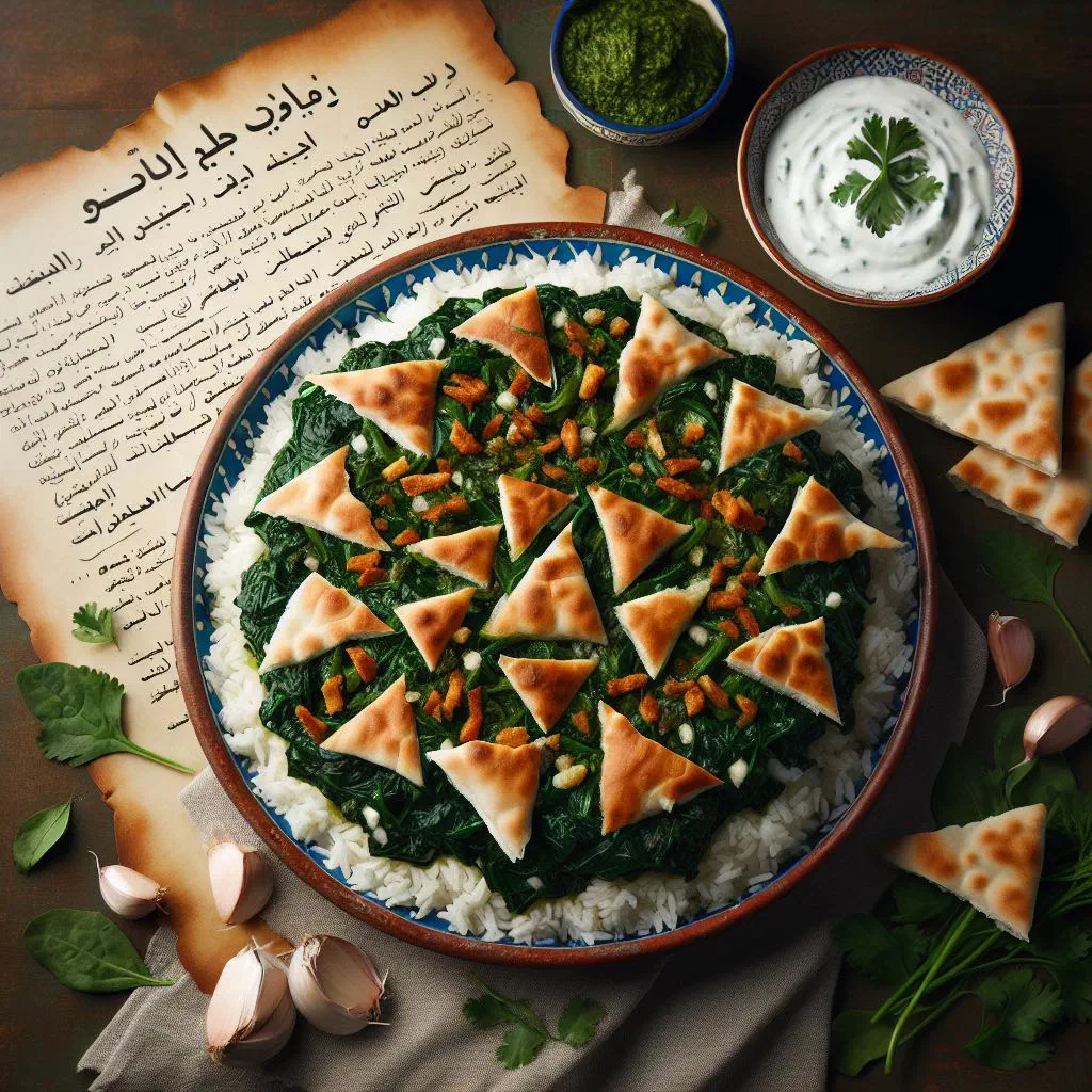 Spinach fatta with tender meat served over rice in a bowl