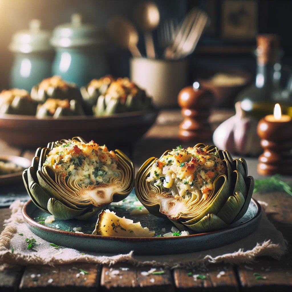 Stuffed artichokes filled with herbed rice, garnished with fresh herbs and lemon