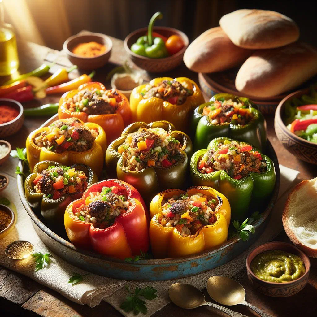 Egyptian stuffed peppers filled with rice and minced meat in tomato sauce