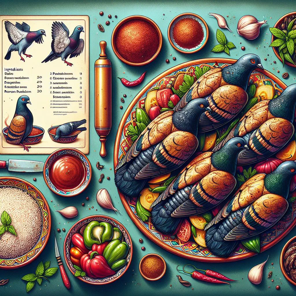 Golden roasted stuffed pigeons served on a platter with spiced rice