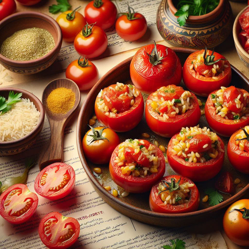Baked stuffed tomatoes filled with seasoned rice and fresh herbs