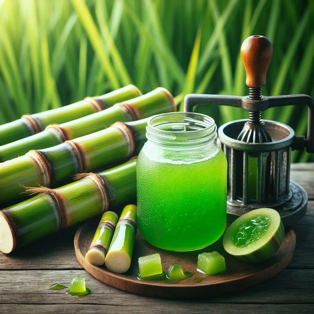 A tall glass of fresh sugarcane juice with ice and a slice of lime