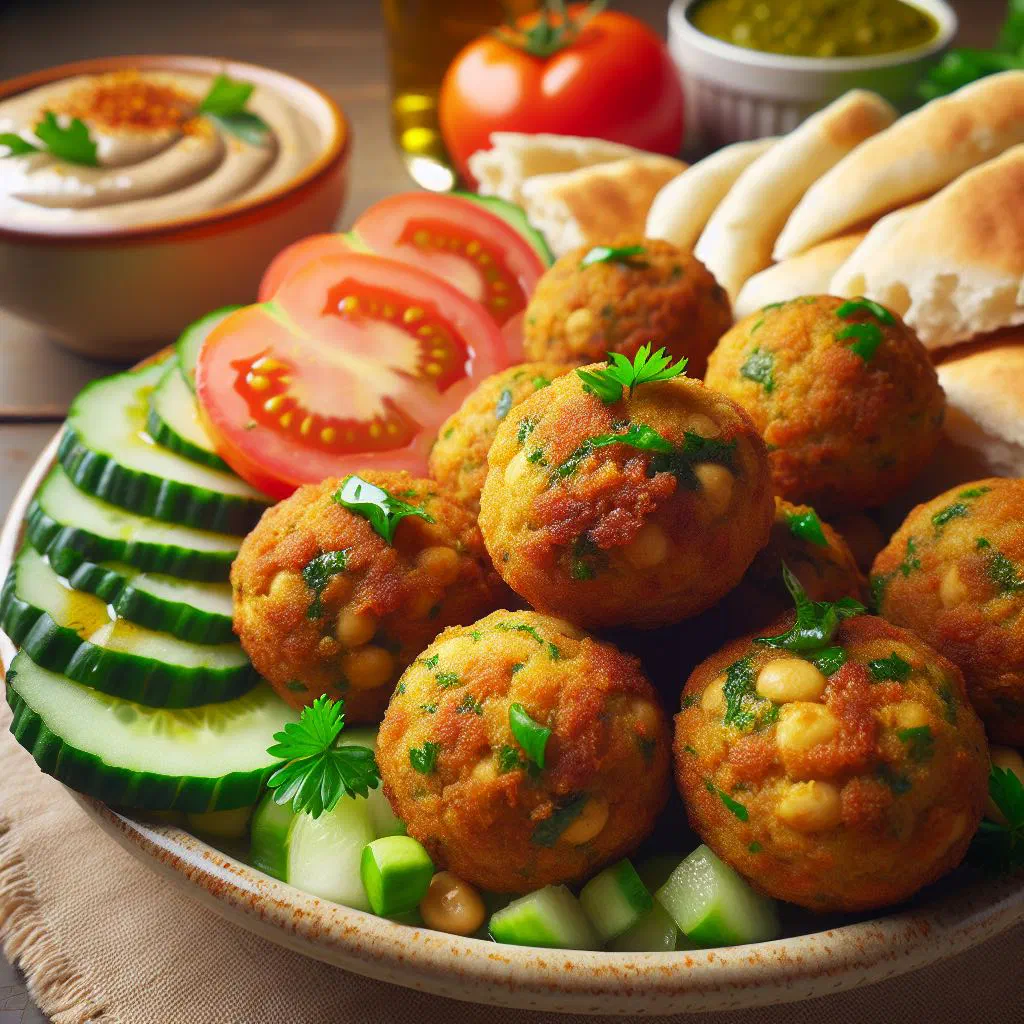 Golden, crisp taameya fritters made from fava beans, served with fresh herbs