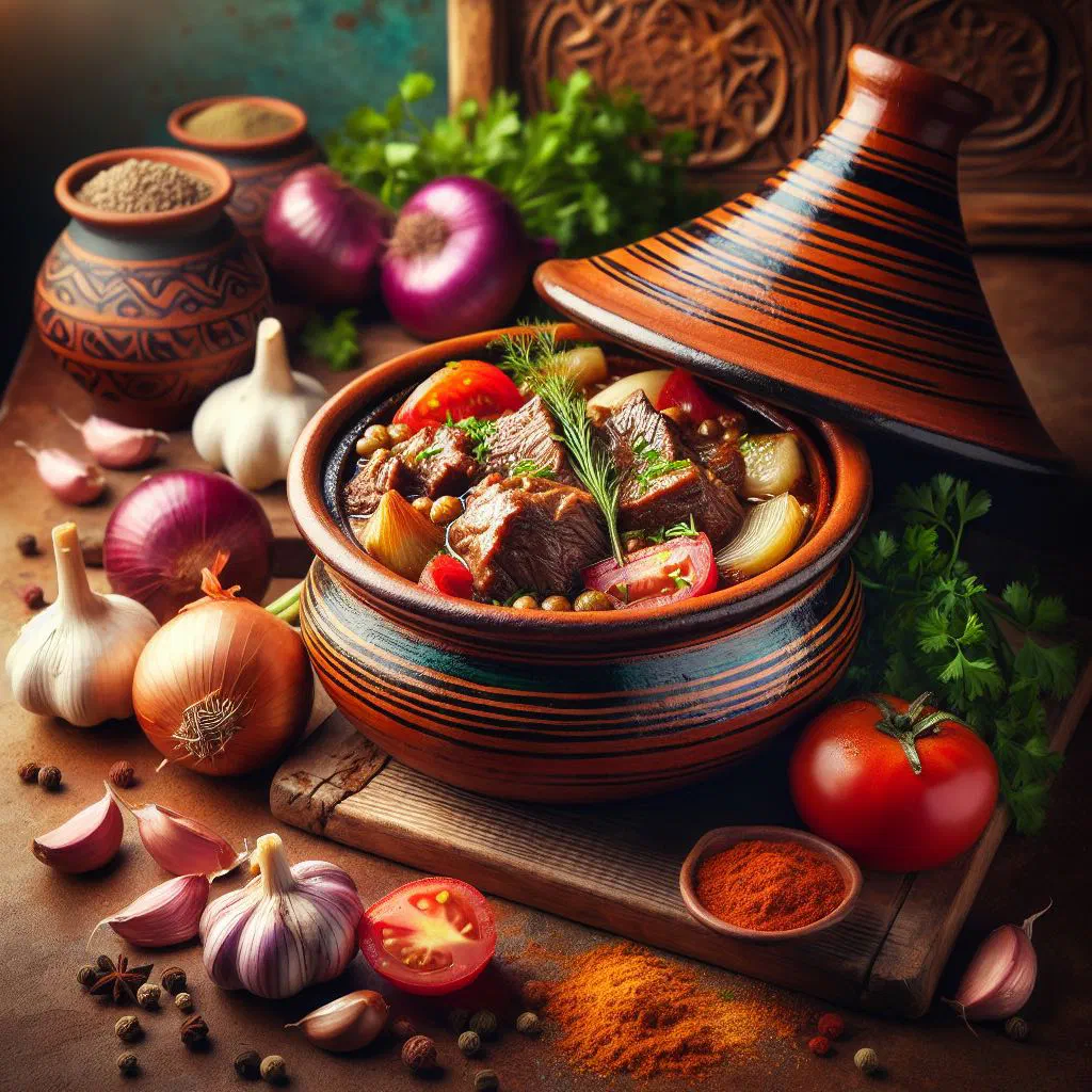 Egyptian tagine bil lahma with tender beef, vegetables and chickpeas