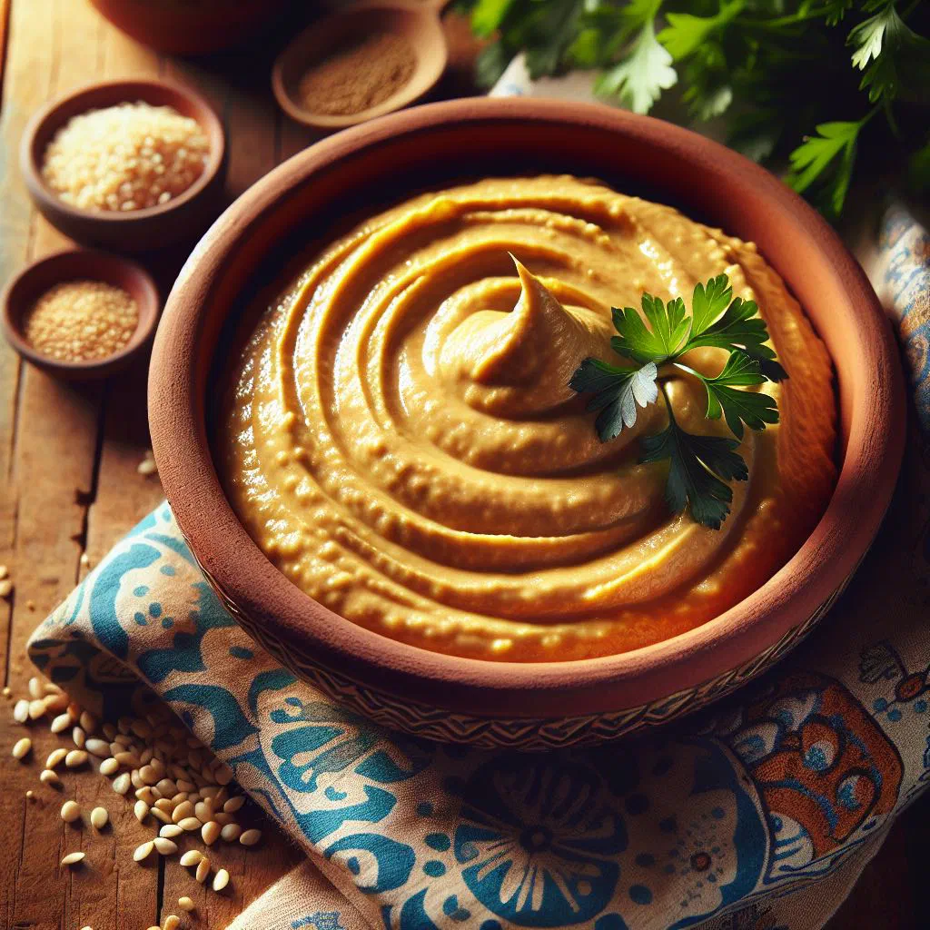 Creamy tahini in a bowl drizzled with olive oil and sprinkled with sesame seeds