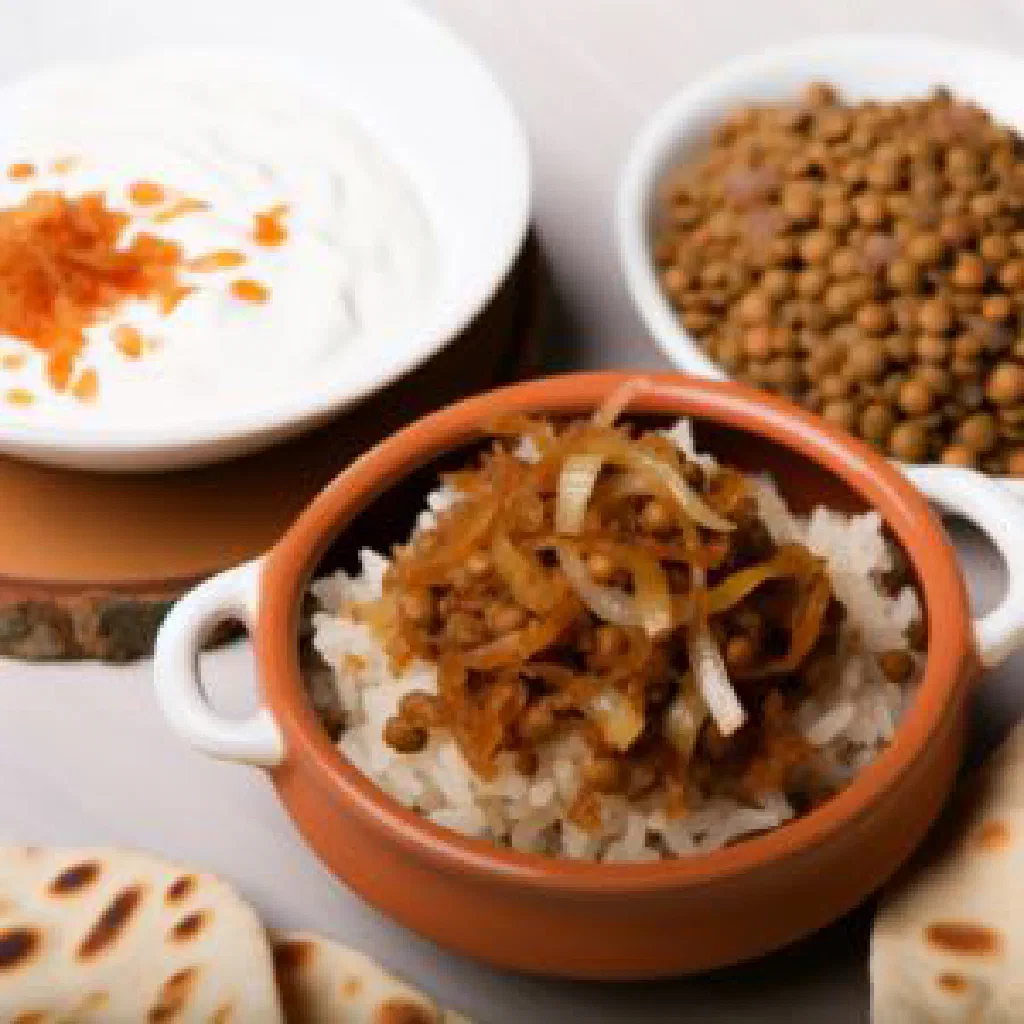 Tarb of lentils and rice topped with crisp vegetables and lemon