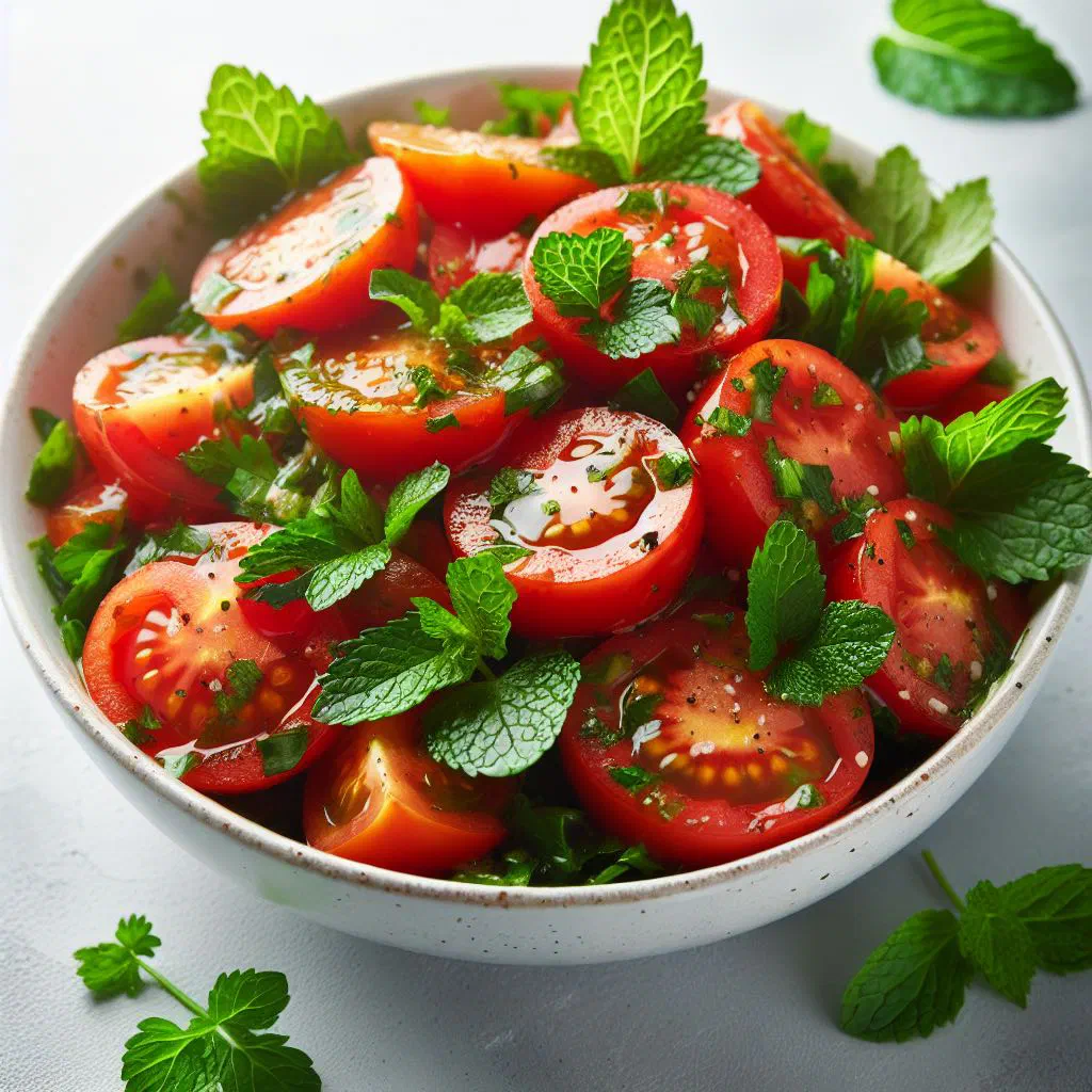 Fresh Egyptian tomato salad with onions and herbs in a bowl