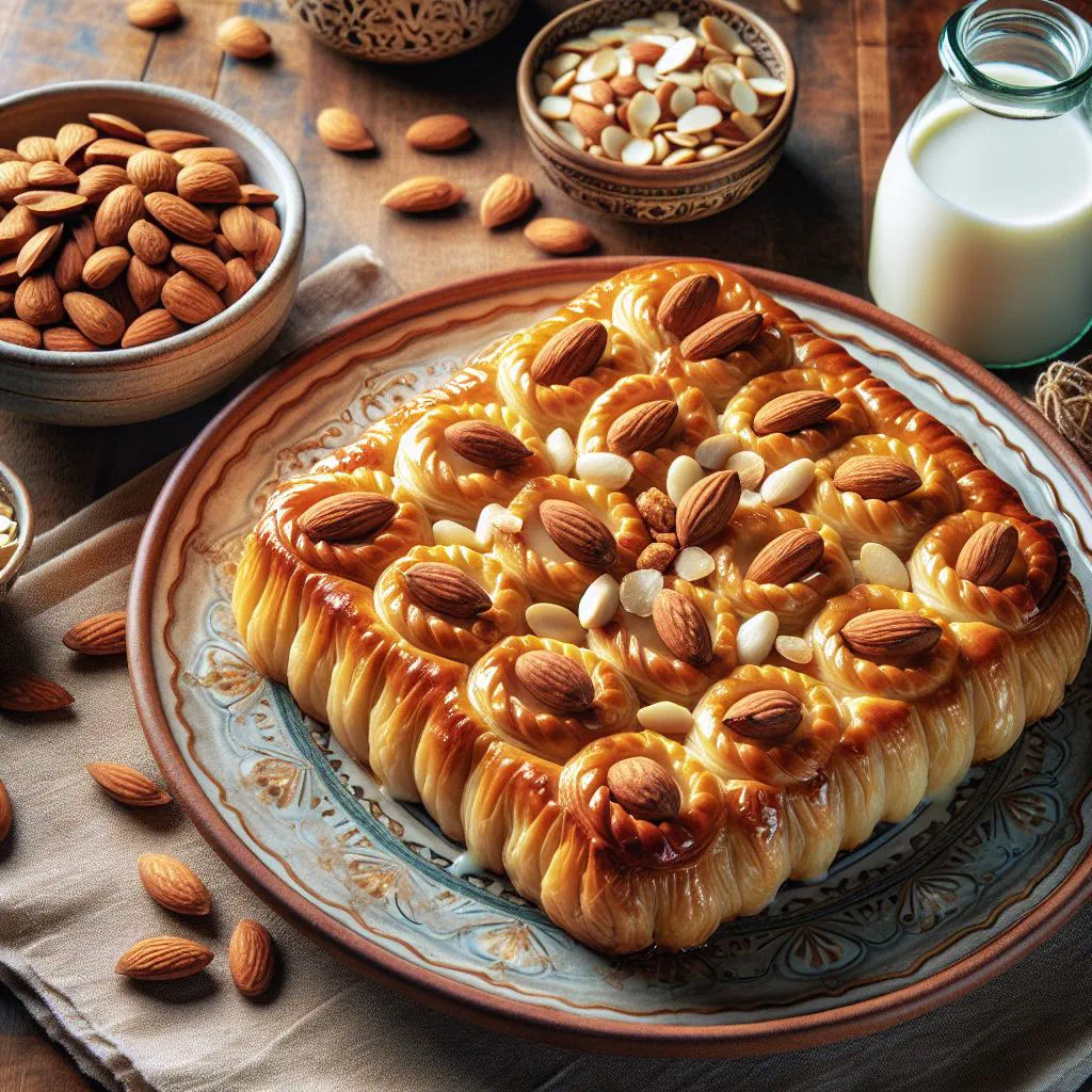 Warm Umm Ali bread pudding topped with mixed nuts and cinnamon