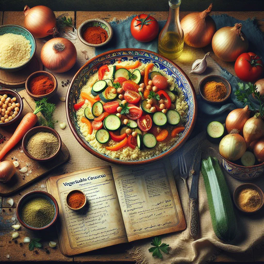 Fluffy vegetable couscous with courgette, peppers and carrots, garnished with fresh herbs