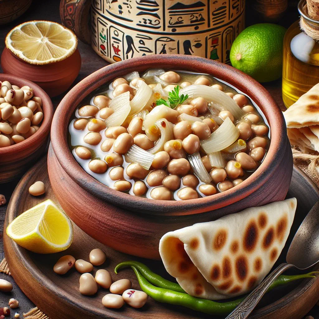Vinegar foul medames in a bowl topped with parsley, onion and olive oil
