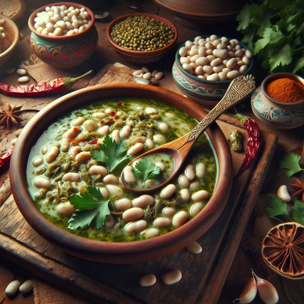 A bowl of white bean molokhia with tender green leaves and white beans