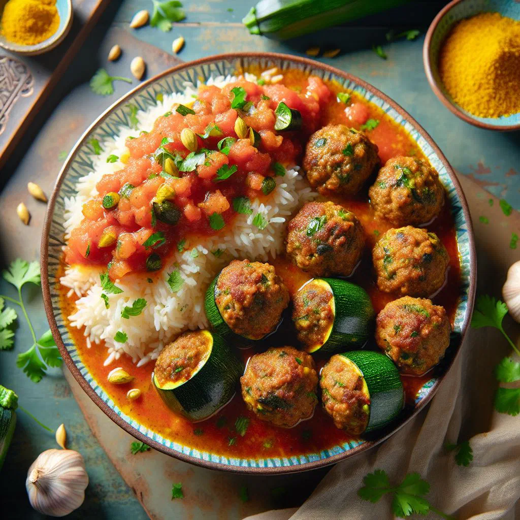Golden zucchini kofta balls served on a plate with fresh herbs