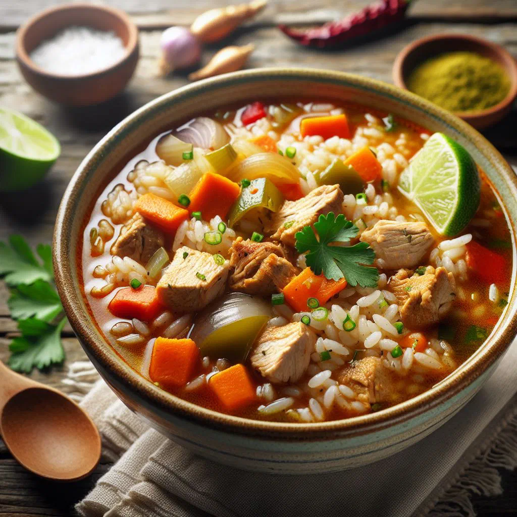 A steaming bowl of Salvadoran arroz aguado rice soup with vegetables and fresh coriander