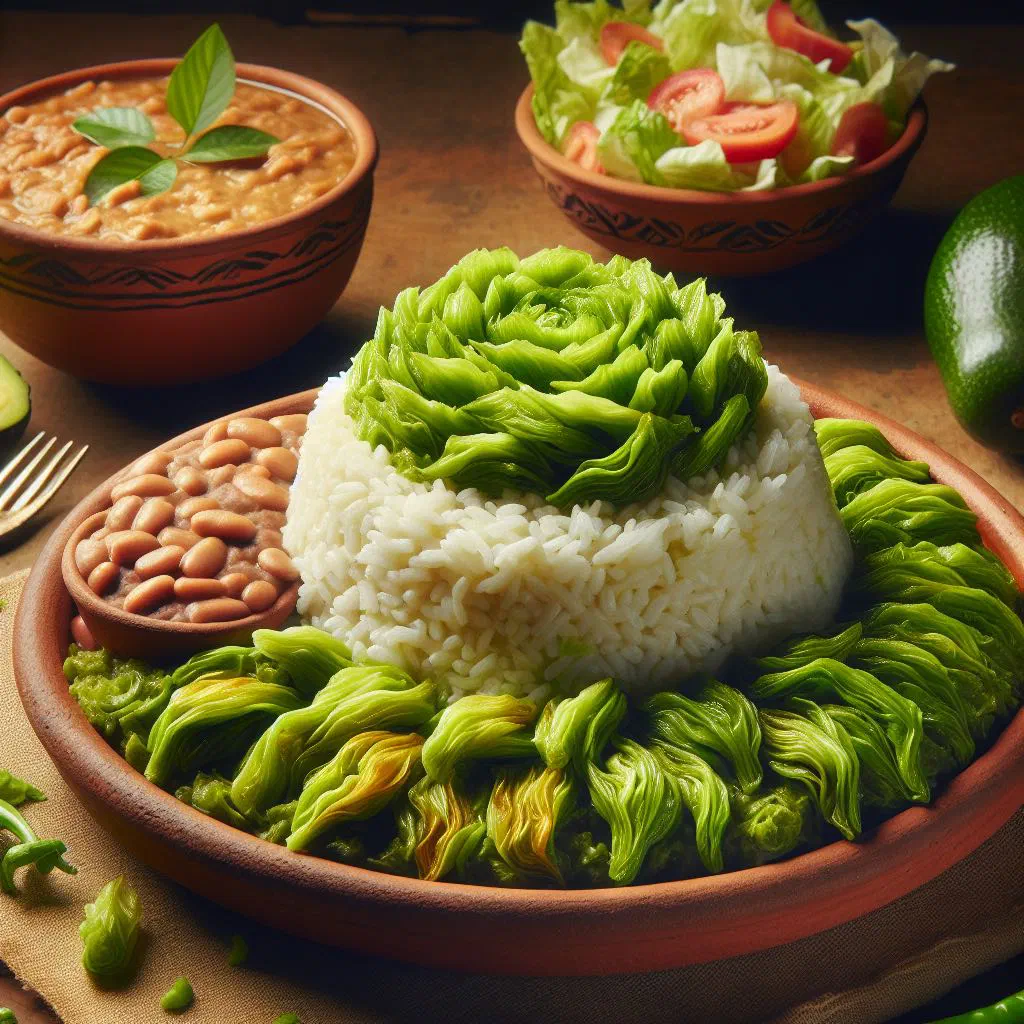 A bowl of fluffy rice studded with green loroco flower buds