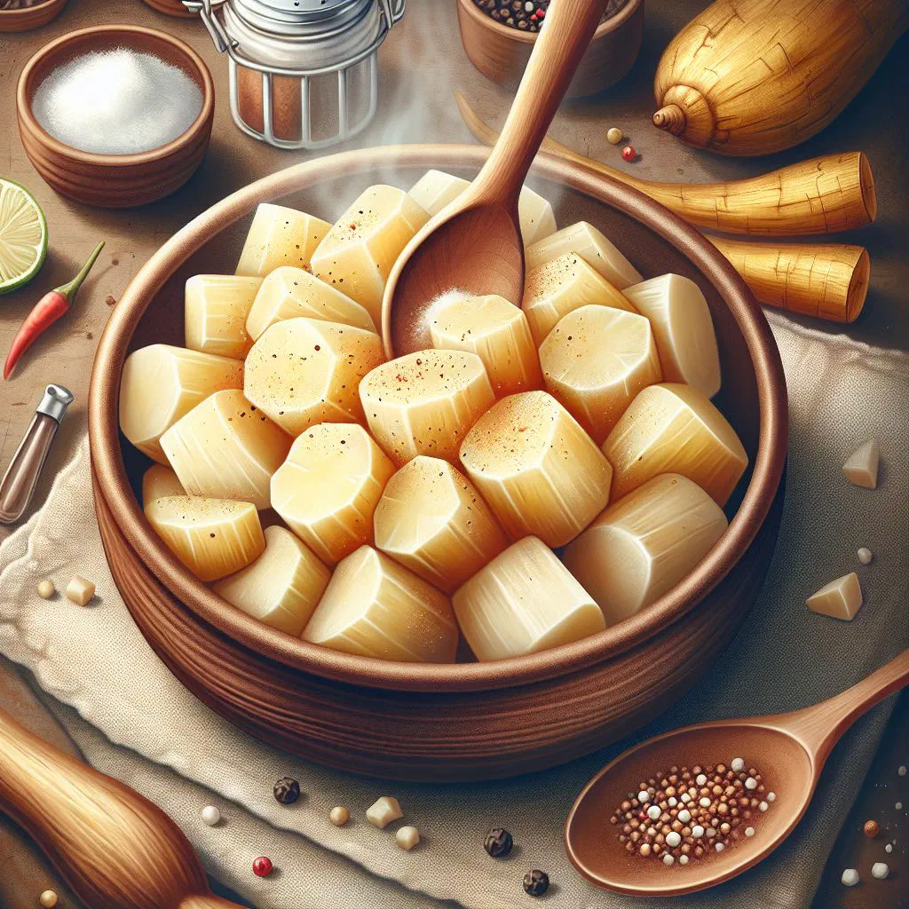 Boiled cassava pieces served with a spicy tomato salsa