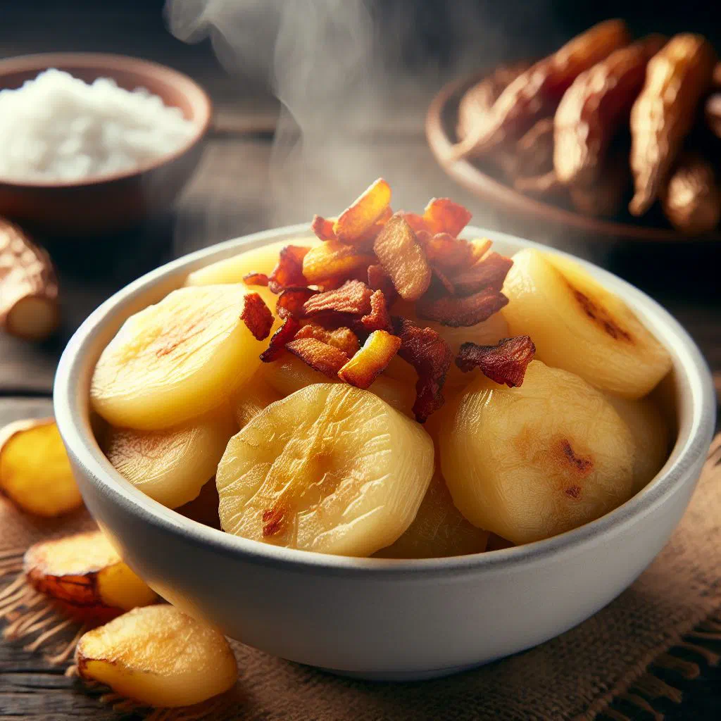 Boiled yuca topped with crispy chicharrón, chopped onion, tomato and coriander