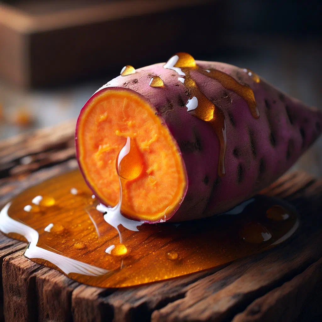 Caramelised sweet potatoes in honey syrup with a cinnamon stick