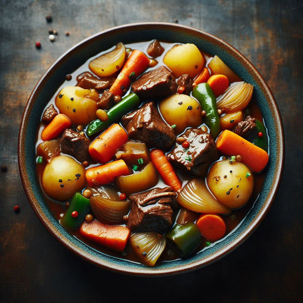Salvadoran carne guisada con verduras with beef and colourful vegetables in a bowl