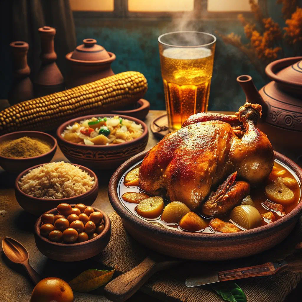 Braised chicken in a rich fermented-corn chicha sauce, garnished with fresh herbs