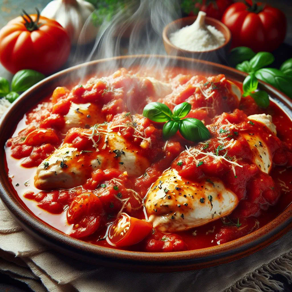 Chicken simmered in a rich tomato sauce, garnished with fresh coriander